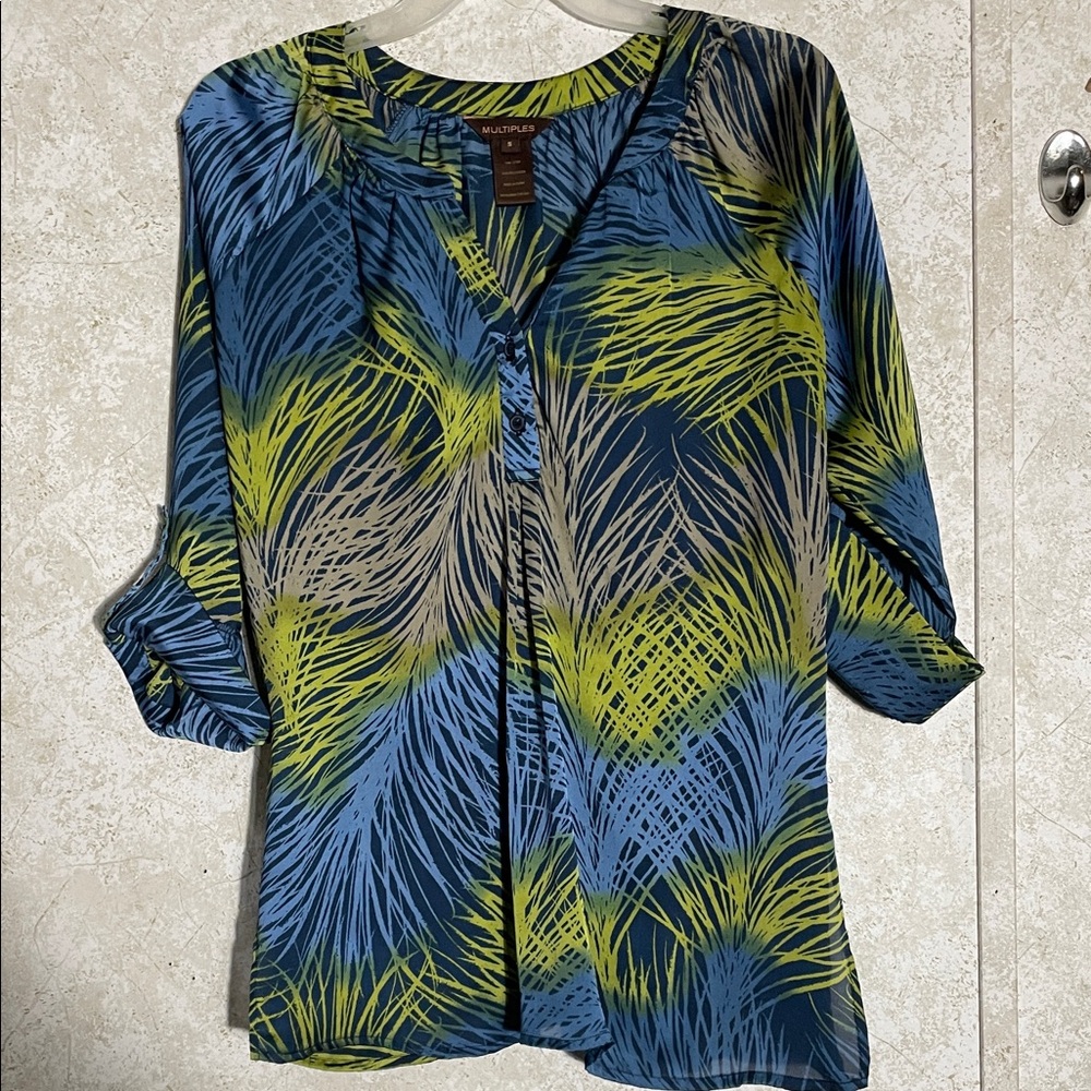 Multiples Women's V Neck Blue and Green Patterned Rolled Sleeve Top